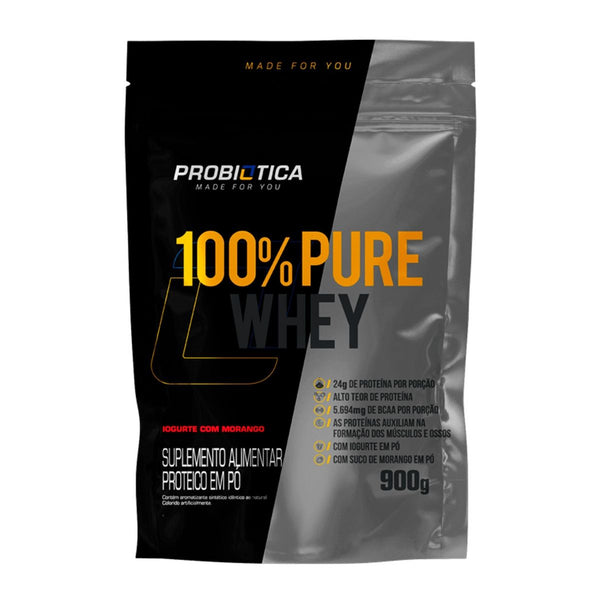 100% PURE WHEY REFIL 900G IOGURTE COM MORANGO PROBIÓTICA