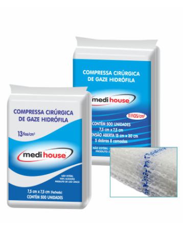 COMPRESSA DE GAZE 7,5X7,5 13FIOS NAO ESTERIL PCT C/500 UNID MEDI HOUSE