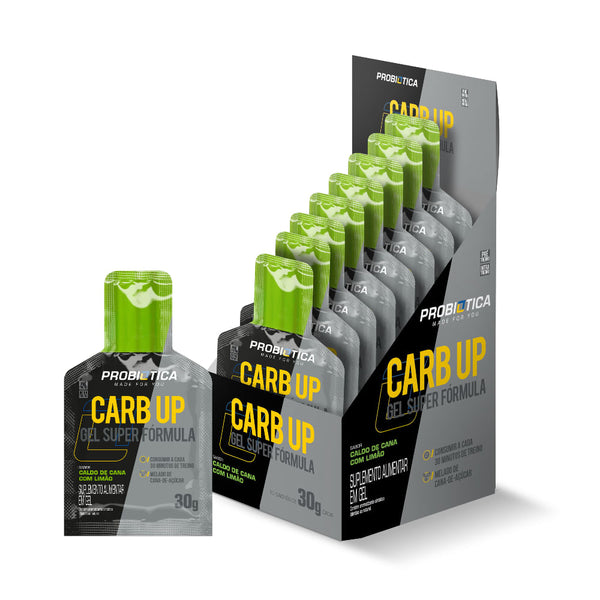 CARB UP GEL SUPER FORMULA DISPLAY 10 SACHÊS CALDO DE CANA COM LIMAO PROBIÓTICA