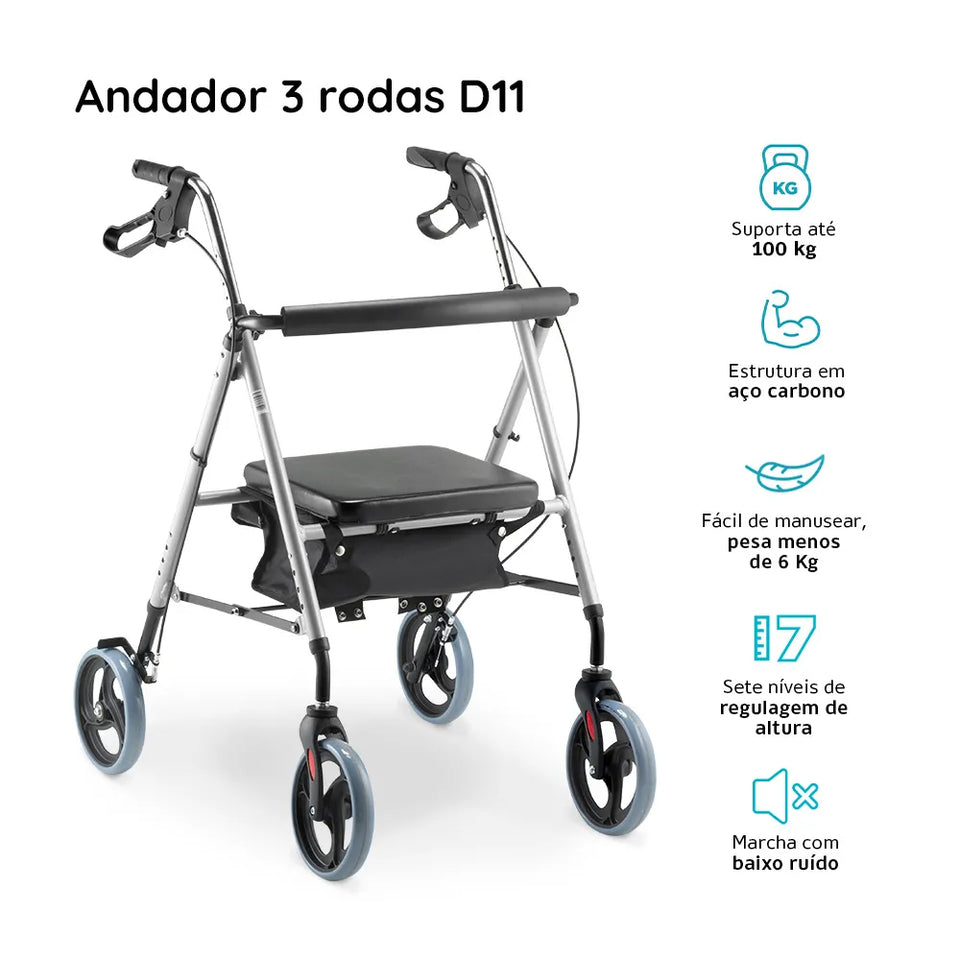 Andador de Alumínio Dobrável 4 Rodas Com Assento D12 Dellamed